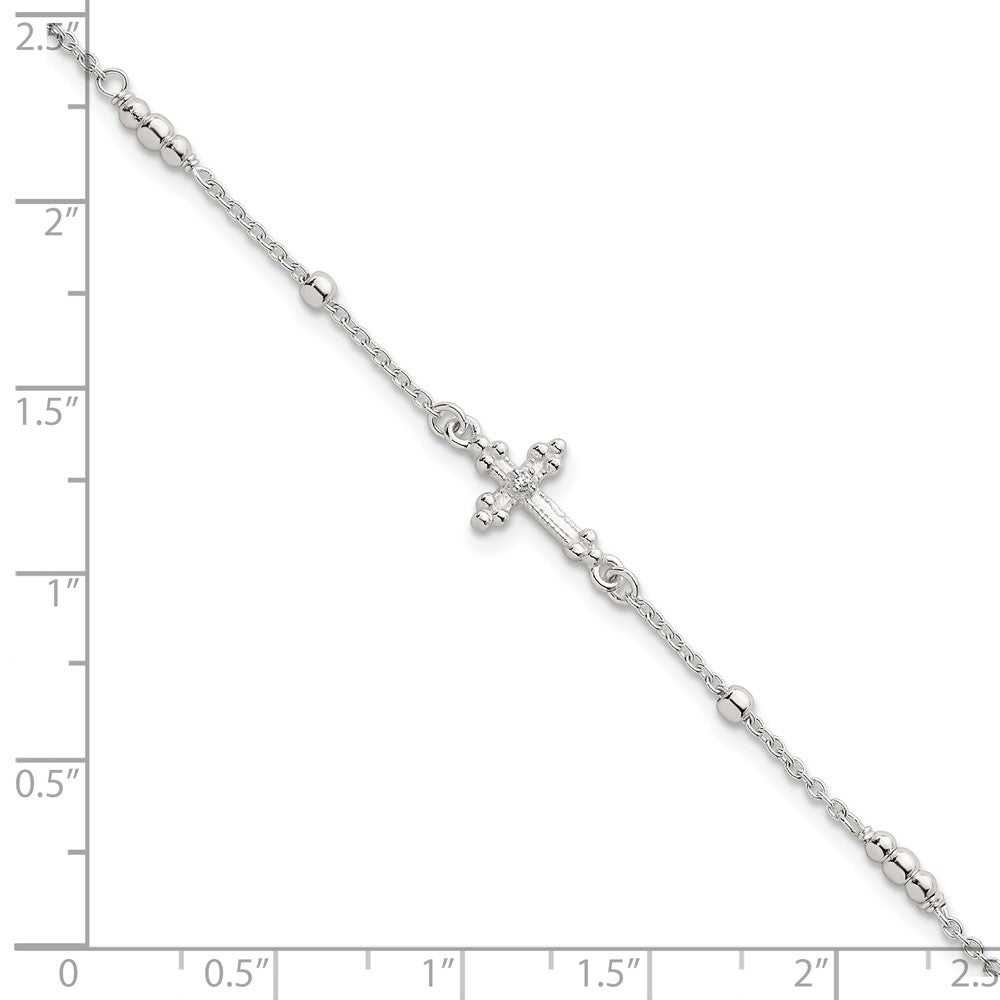 Sterling Silver Polished and Beaded CZ Cross w/ 1in Ext Bracelet