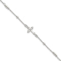 Sterling Silver Polished and Beaded CZ Cross w/ 1in Ext Bracelet