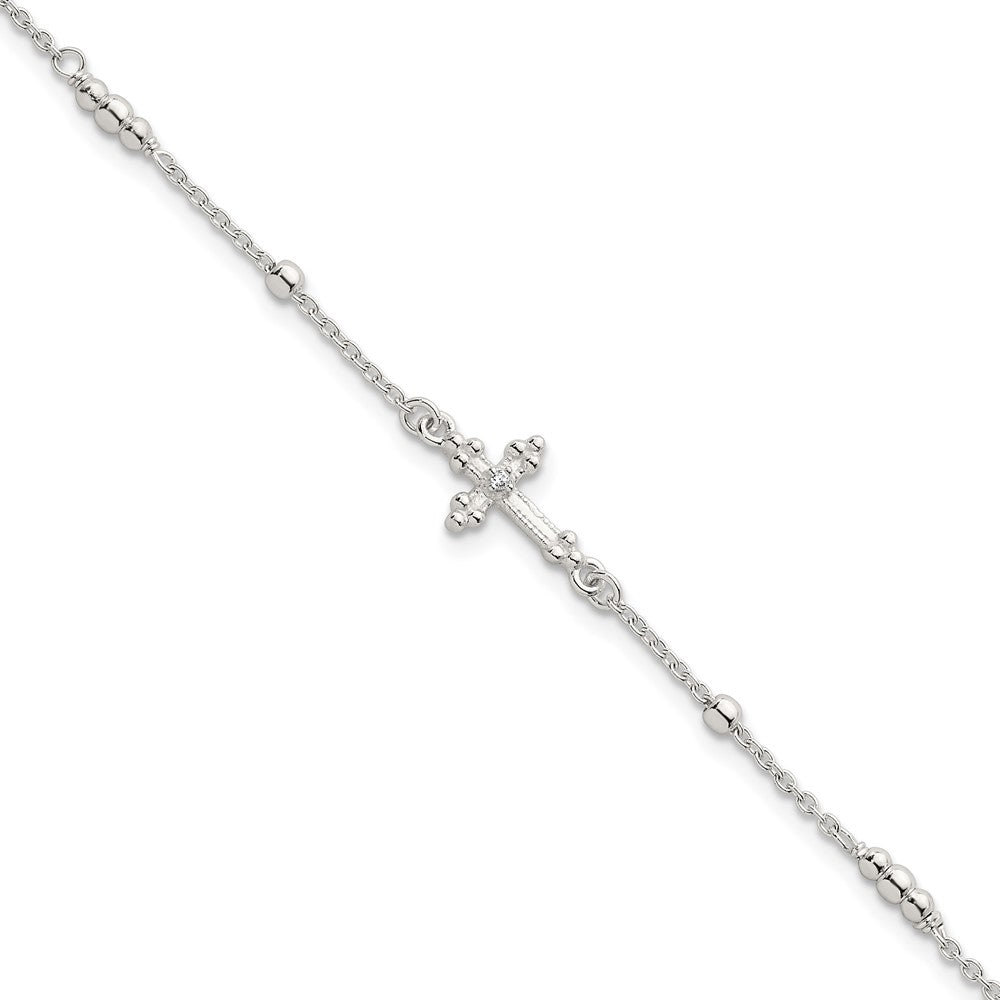 Sterling Silver Polished and Beaded CZ Cross w/ 1in Ext Bracelet