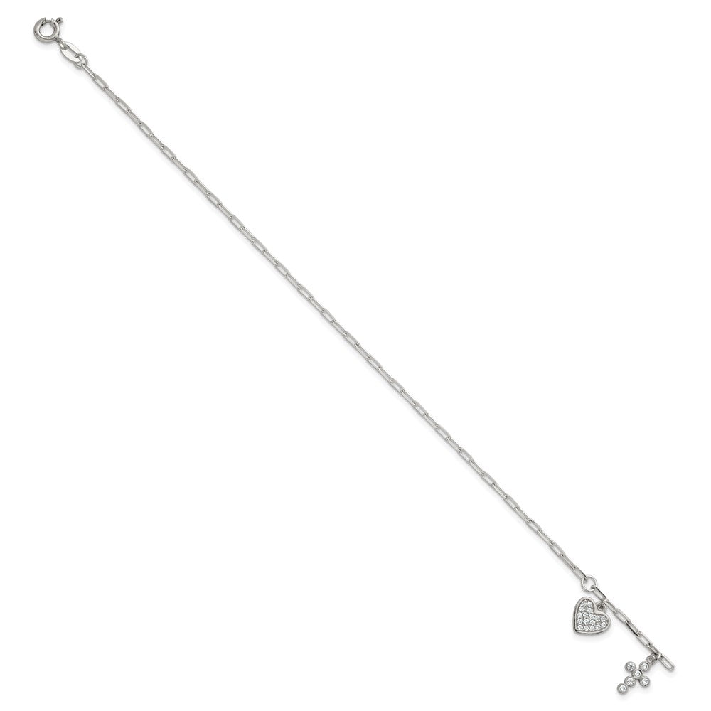 Sterling Silver Polished CZ Heart and Cross Charm w/ 1in Ext Bracelet