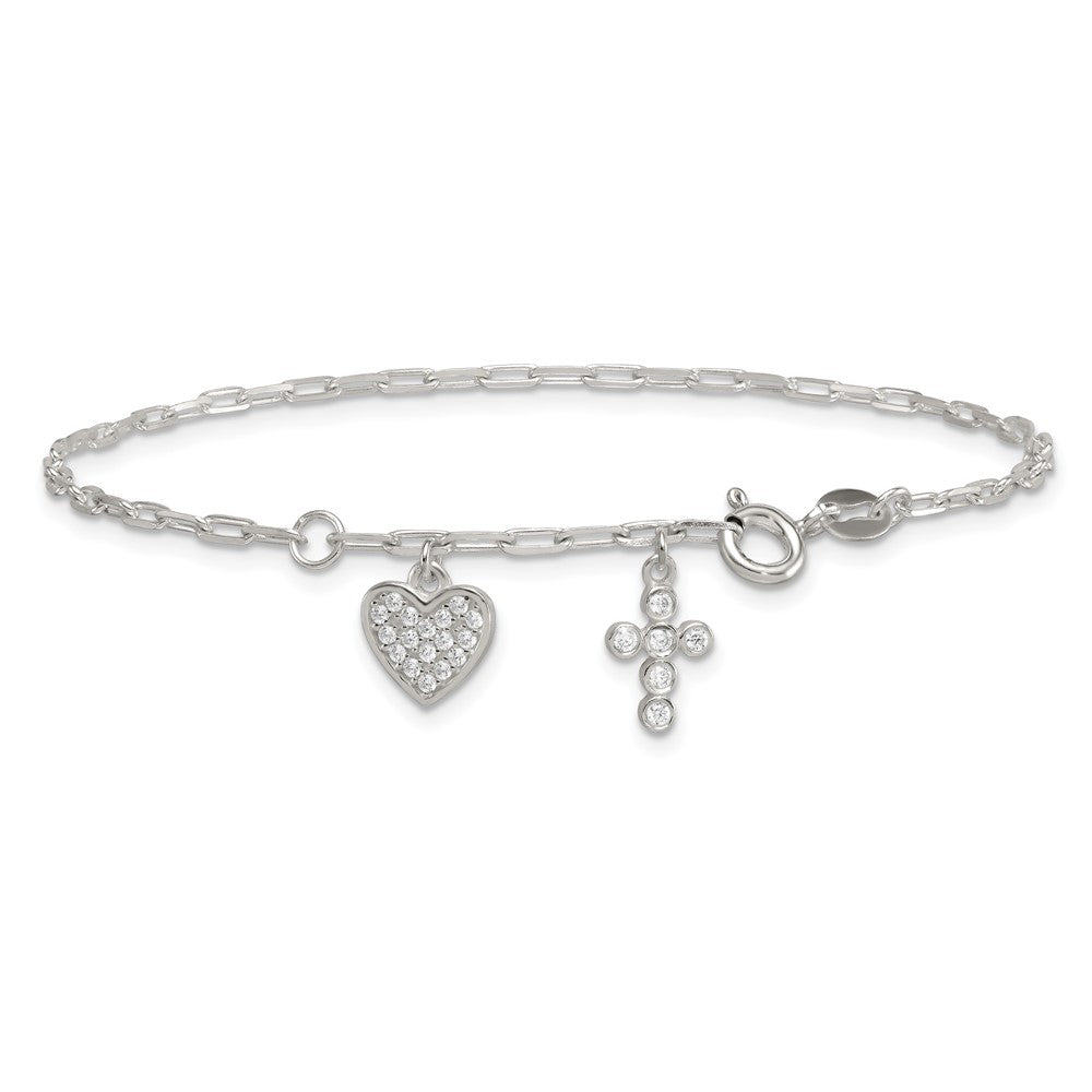 Sterling Silver Polished CZ Heart and Cross Charm w/ 1in Ext Bracelet