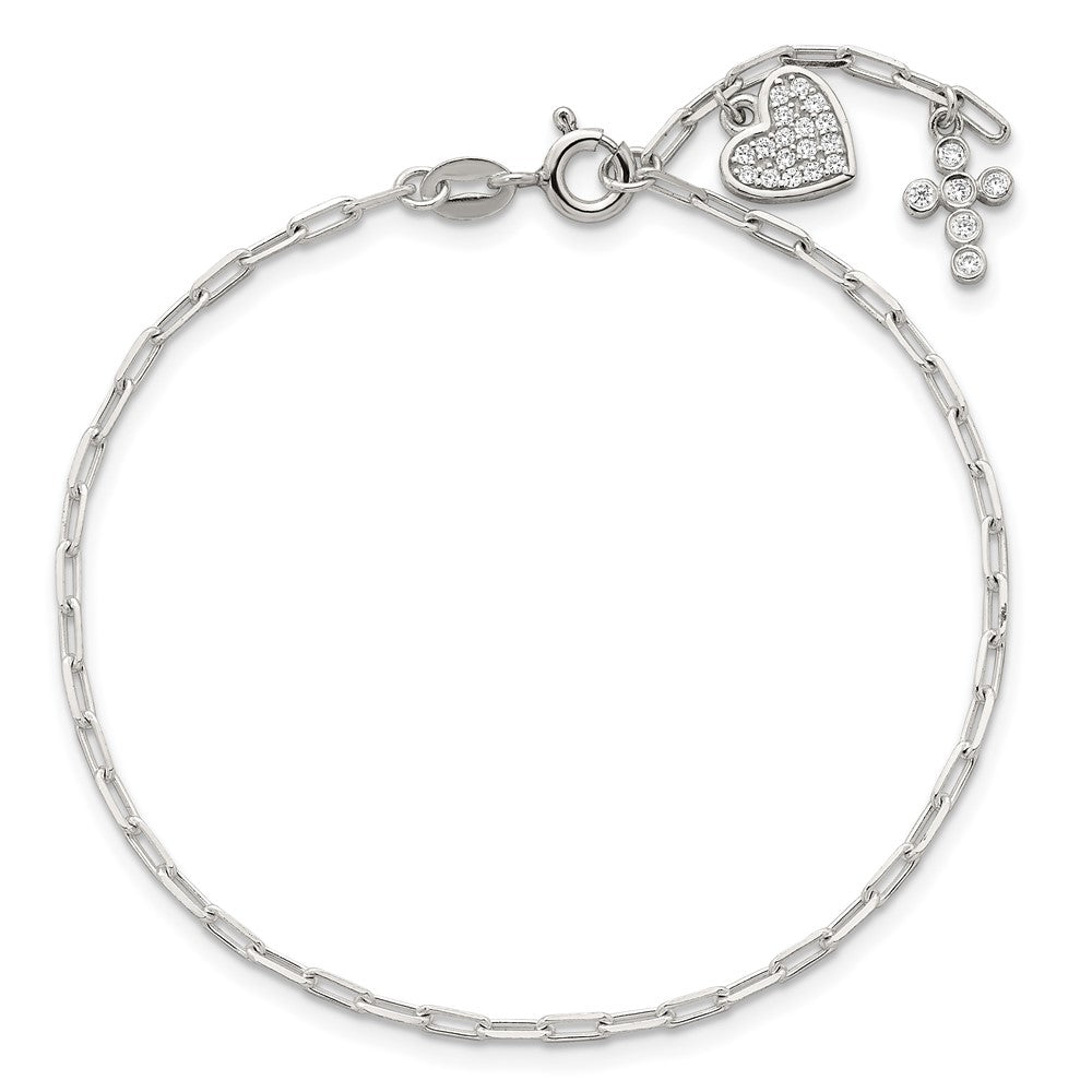 Sterling Silver Polished CZ Heart and Cross Charm w/ 1in Ext Bracelet