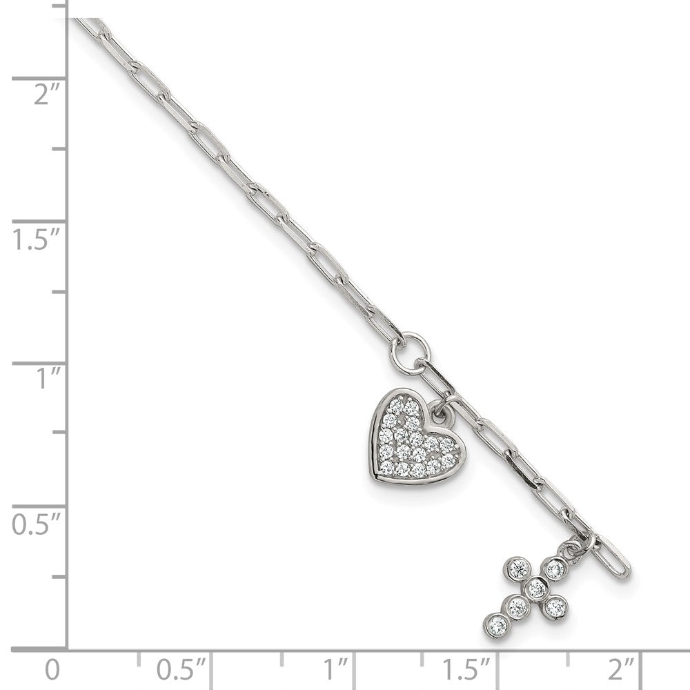 Sterling Silver Polished CZ Heart and Cross Charm w/ 1in Ext Bracelet