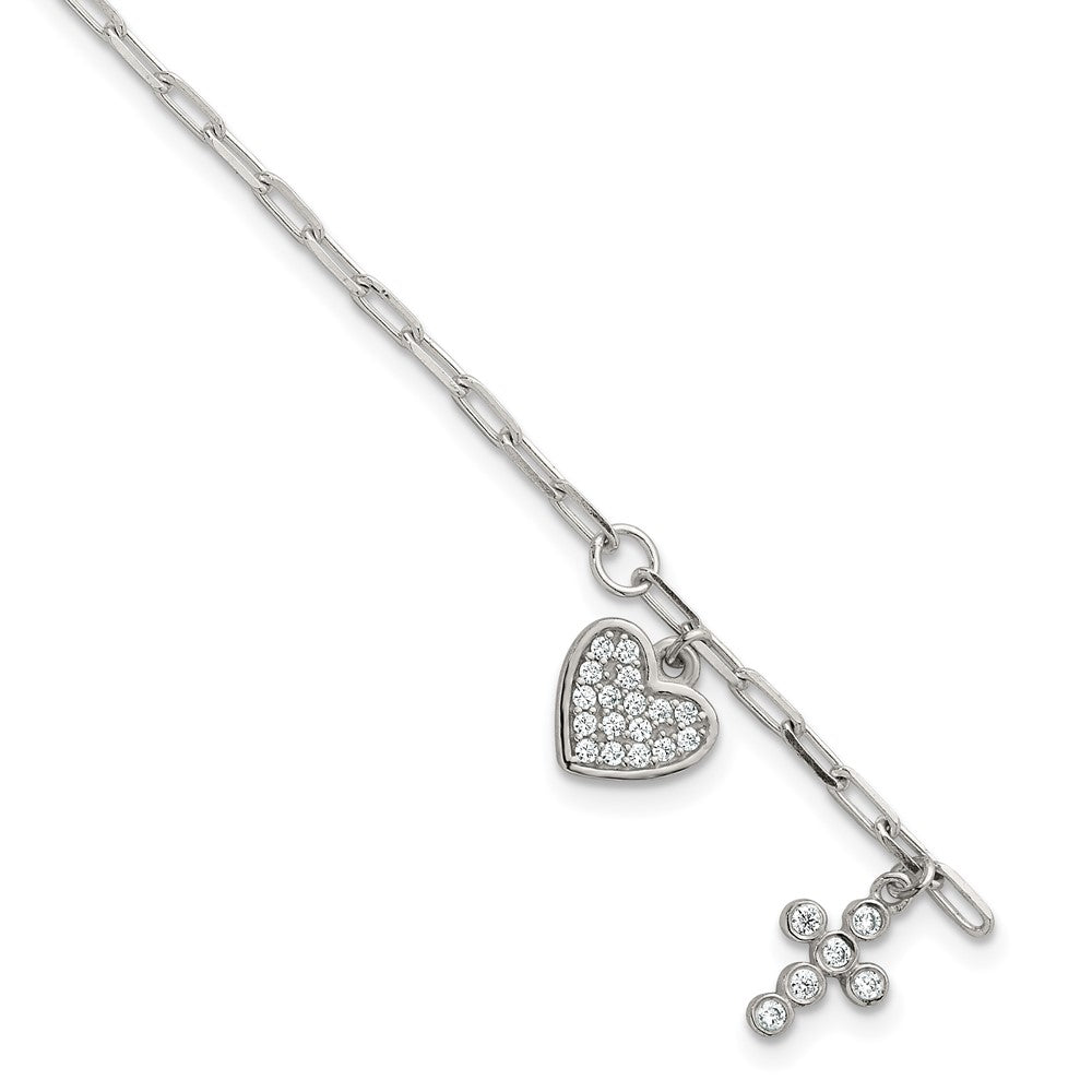 Sterling Silver Polished CZ Heart and Cross Charm w/ 1in Ext Bracelet