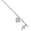 Sterling Silver Polished CZ Heart and Cross Charm w/ 1in Ext Bracelet