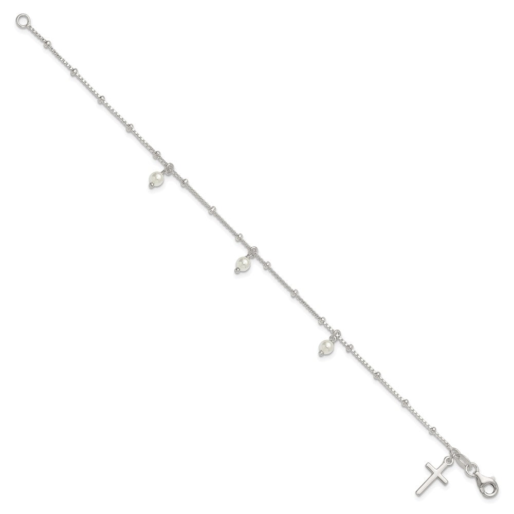 Sterling Silver Polished and Beaded Glass Pearl and Cross Bracelet