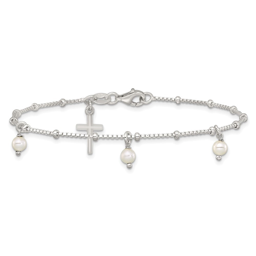 Sterling Silver Polished and Beaded Glass Pearl and Cross Bracelet
