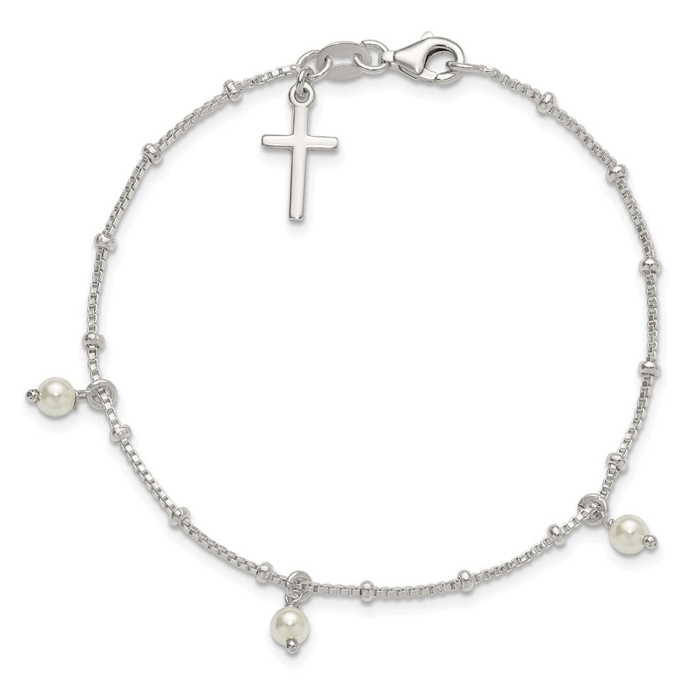 Sterling Silver Polished and Beaded Glass Pearl and Cross Bracelet