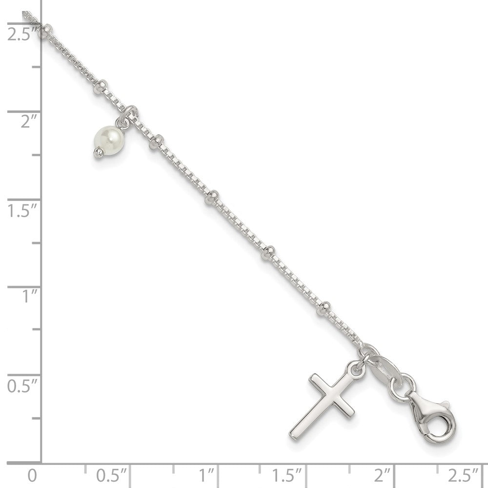 Sterling Silver Polished and Beaded Glass Pearl and Cross Bracelet