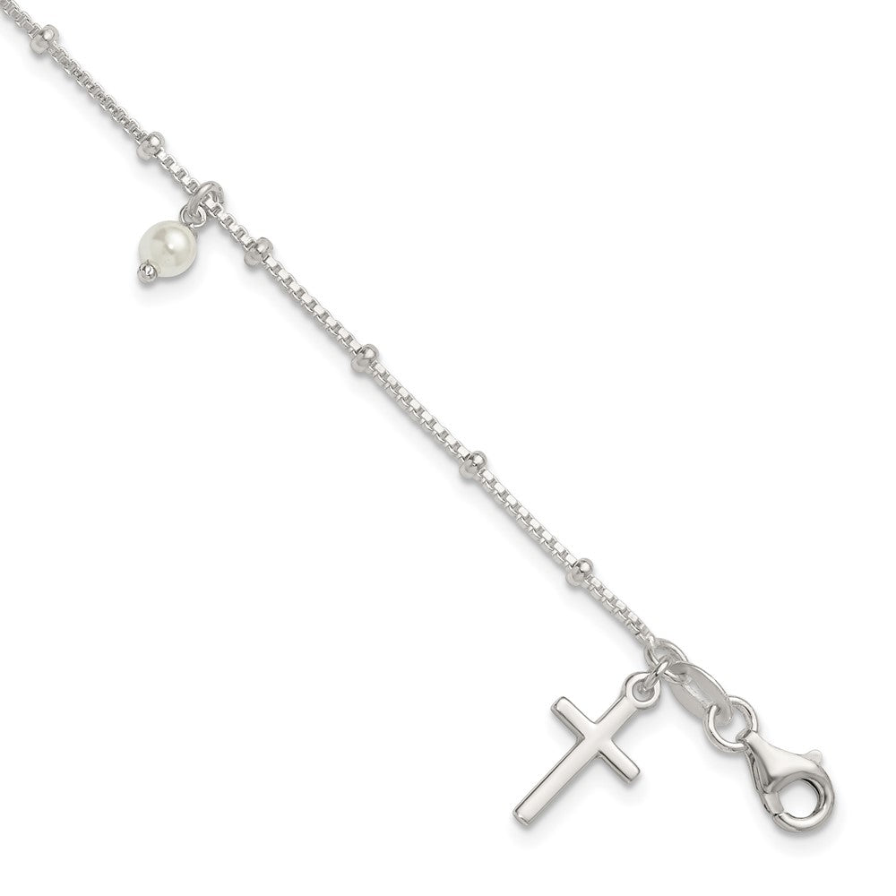 Sterling Silver Polished and Beaded Glass Pearl and Cross Bracelet