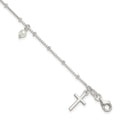 Sterling Silver Polished and Beaded Glass Pearl and Cross Bracelet