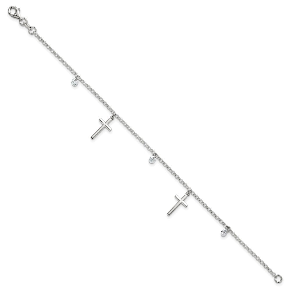 Sterling Silver Polished CZ Cross Bracelet