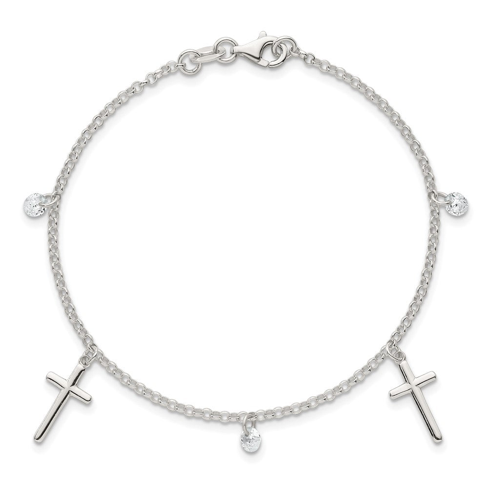 Sterling Silver Polished CZ Cross Bracelet