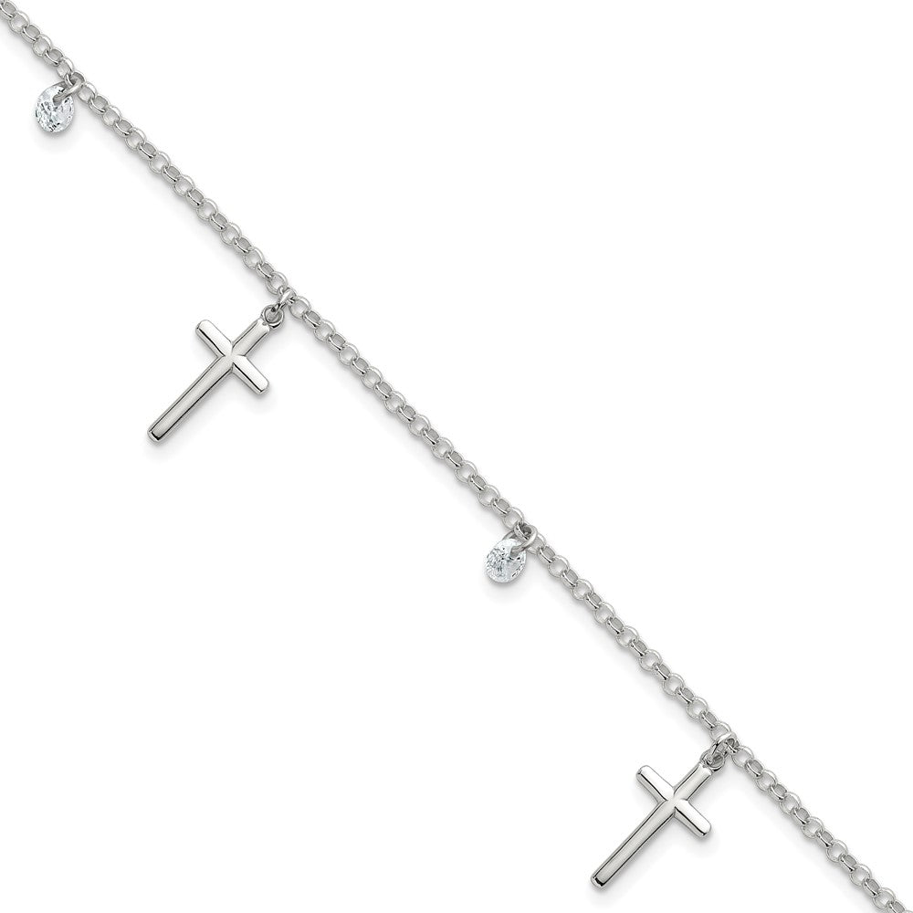 Sterling Silver Polished CZ Cross Bracelet