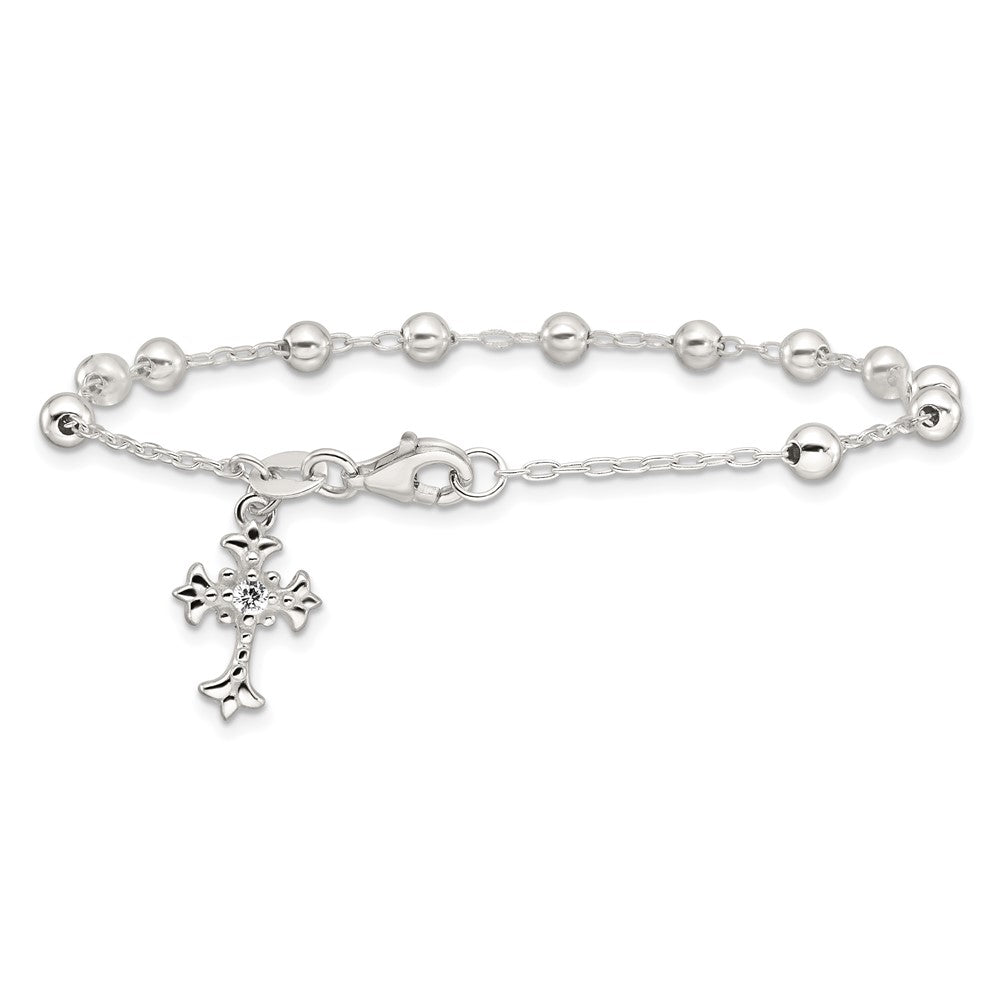 Sterling Silver Polished and Beaded CZ Cross Bracelet