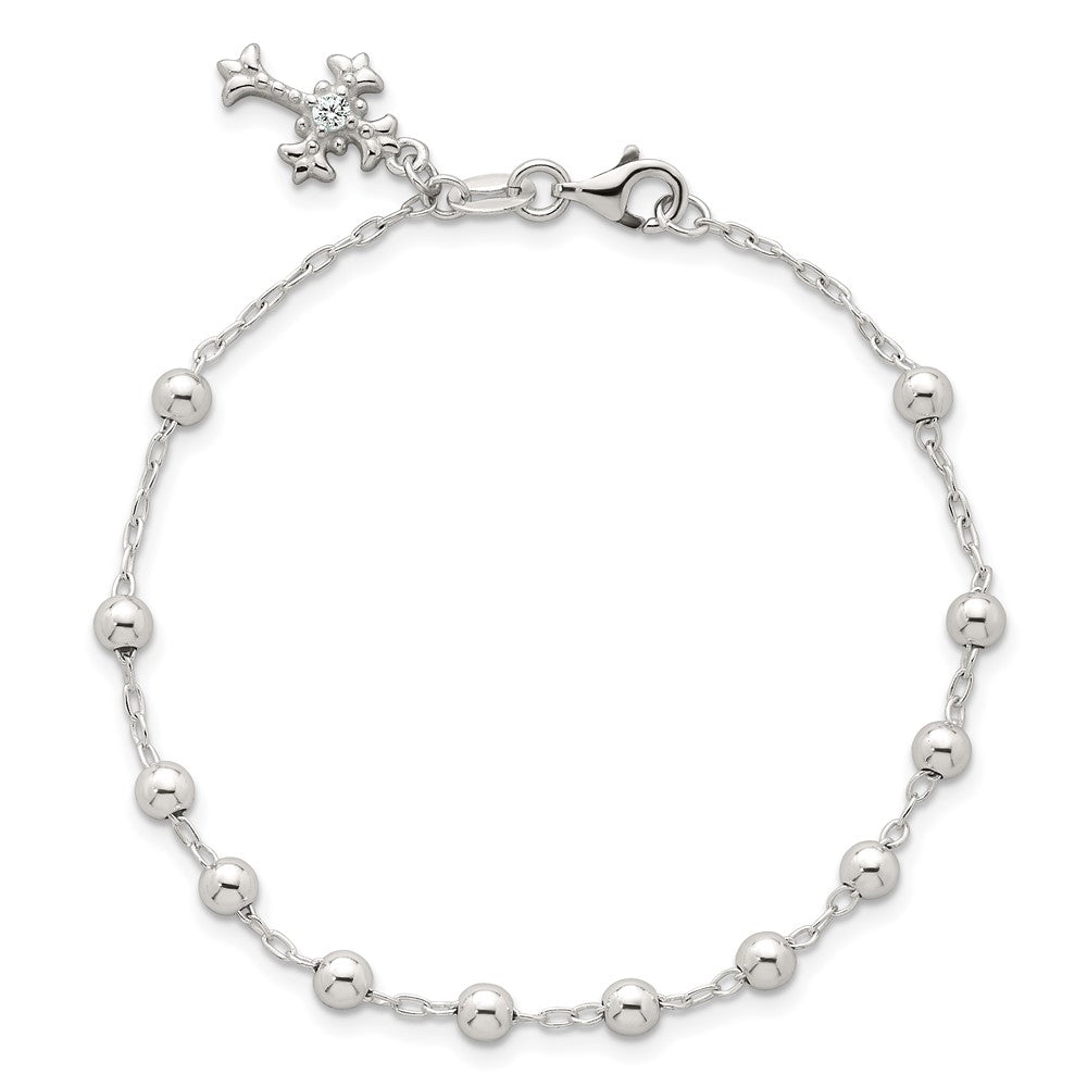 Sterling Silver Polished and Beaded CZ Cross Bracelet