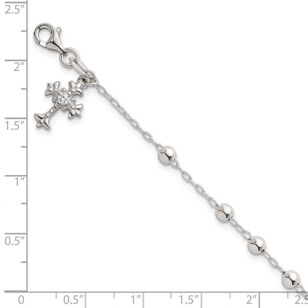 Sterling Silver Polished and Beaded CZ Cross Bracelet