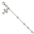 Sterling Silver Polished and Beaded CZ Cross Bracelet
