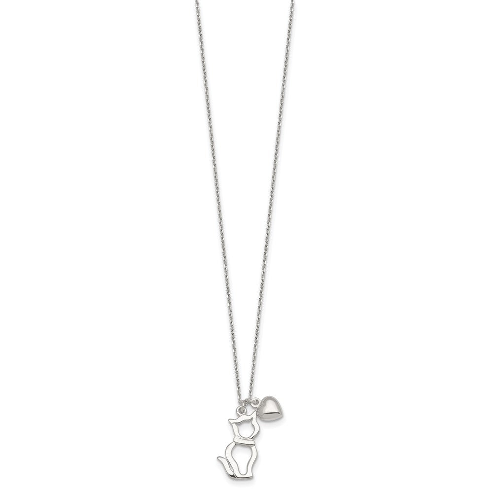 Sterling Silver Polished Cat Silhouette and Heart Necklace