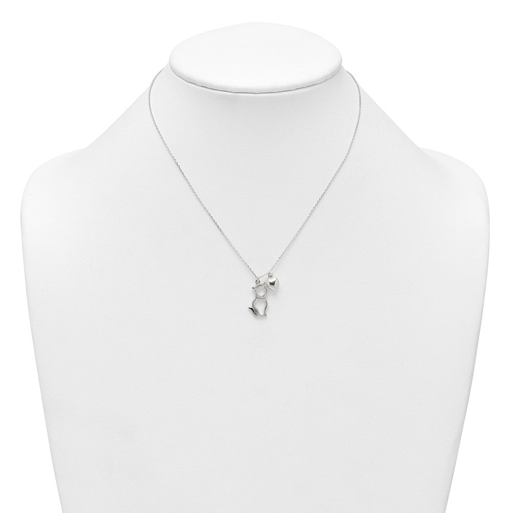 Sterling Silver Polished Cat Silhouette and Heart Necklace