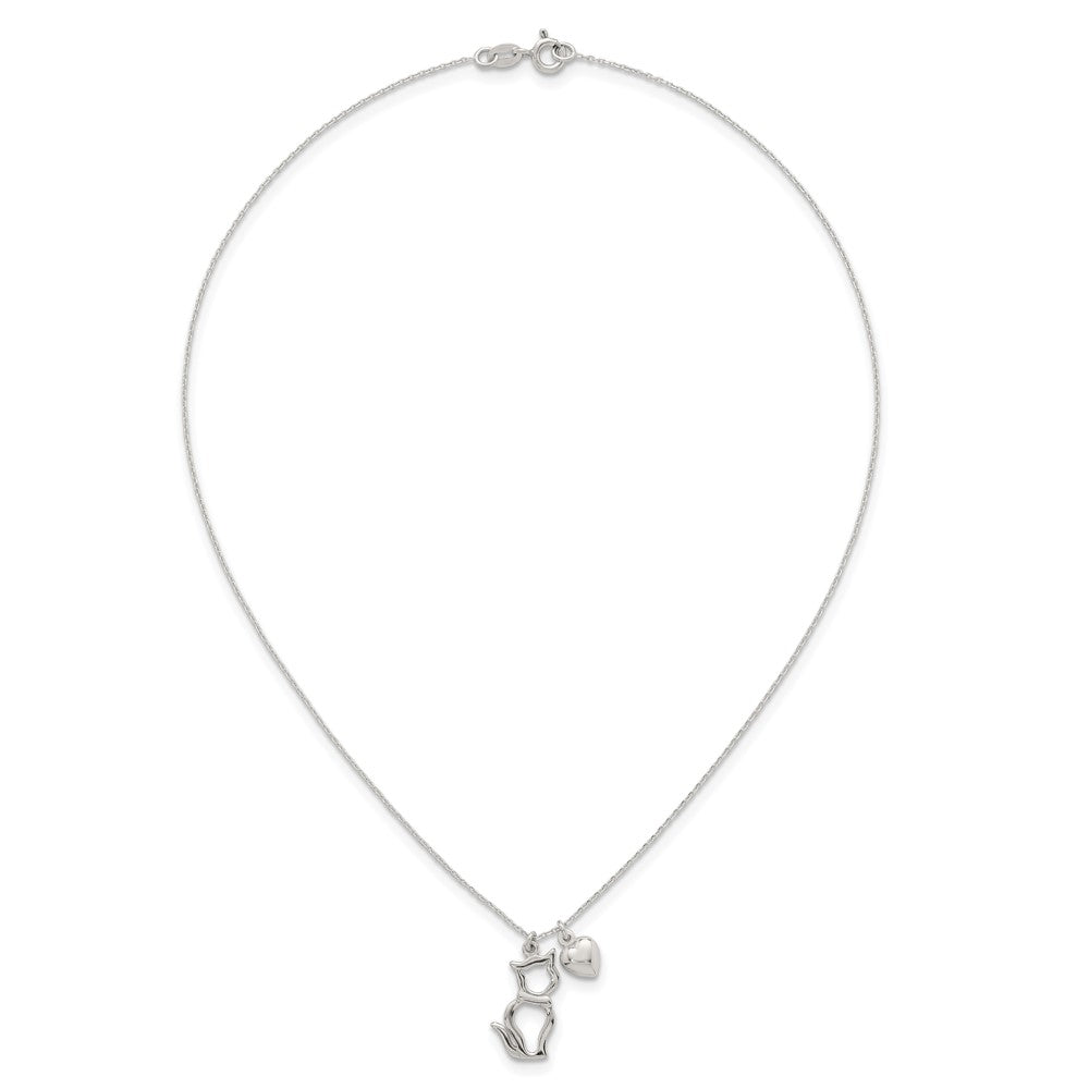 Sterling Silver Polished Cat Silhouette and Heart Necklace