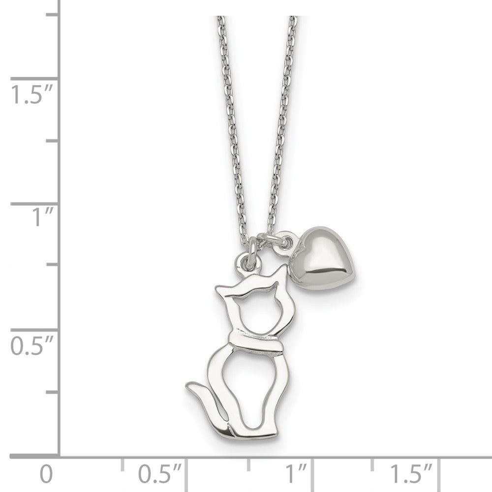 Sterling Silver Polished Cat Silhouette and Heart Necklace