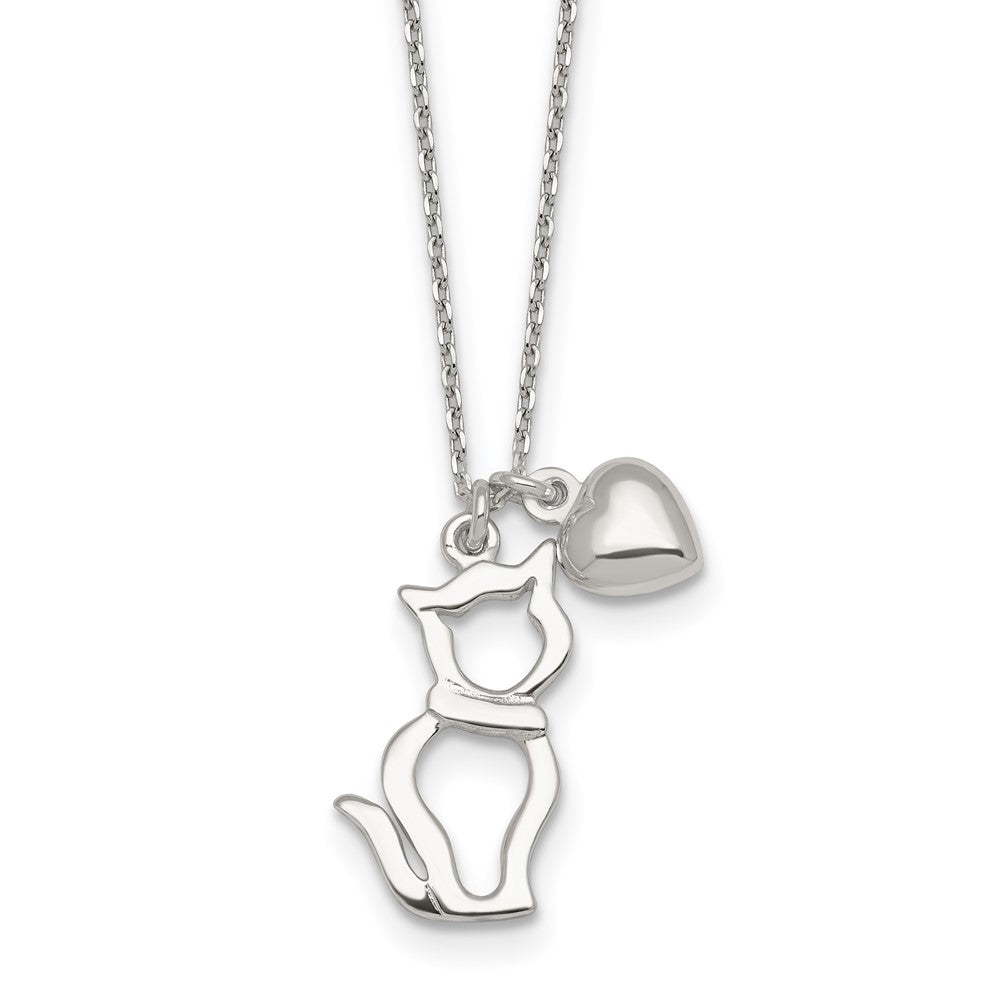 Sterling Silver Polished Cat Silhouette and Heart Necklace