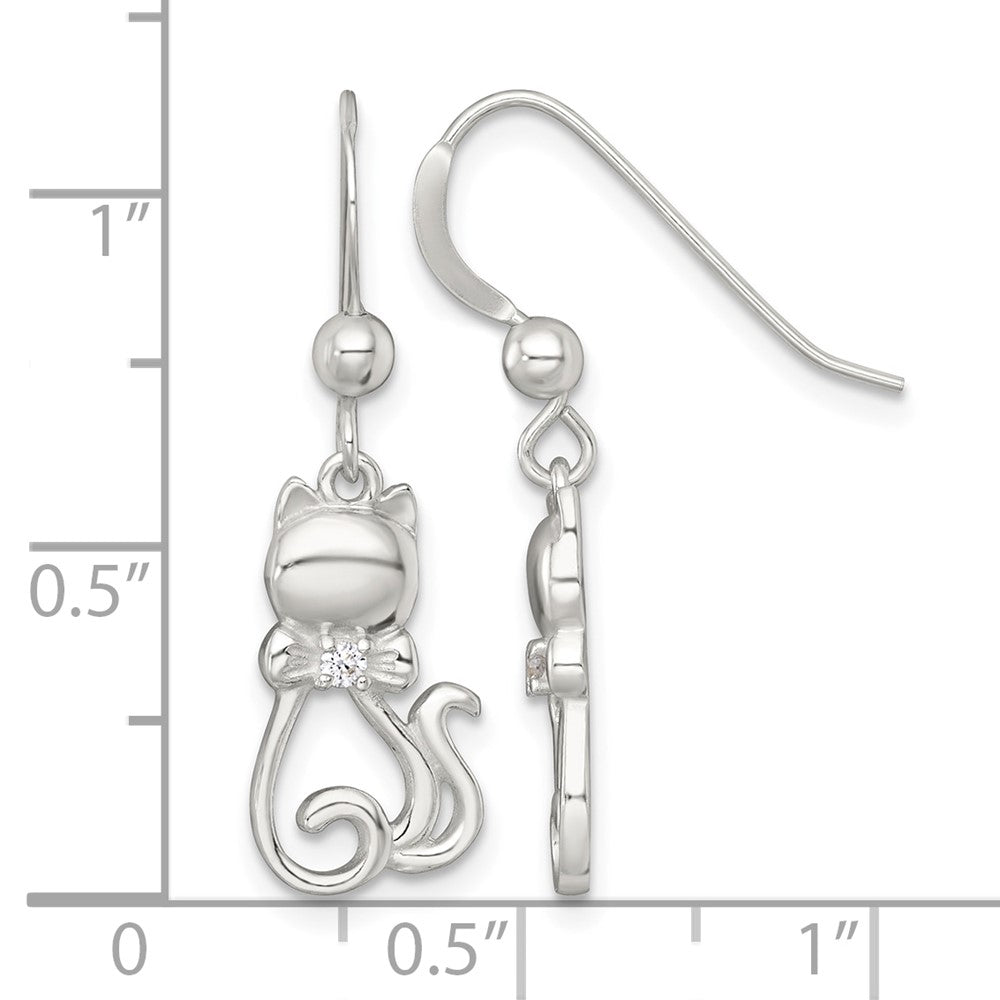 Sterling Silver Polished CZ Cat Silhouette With Bowtie Dangle Earrings