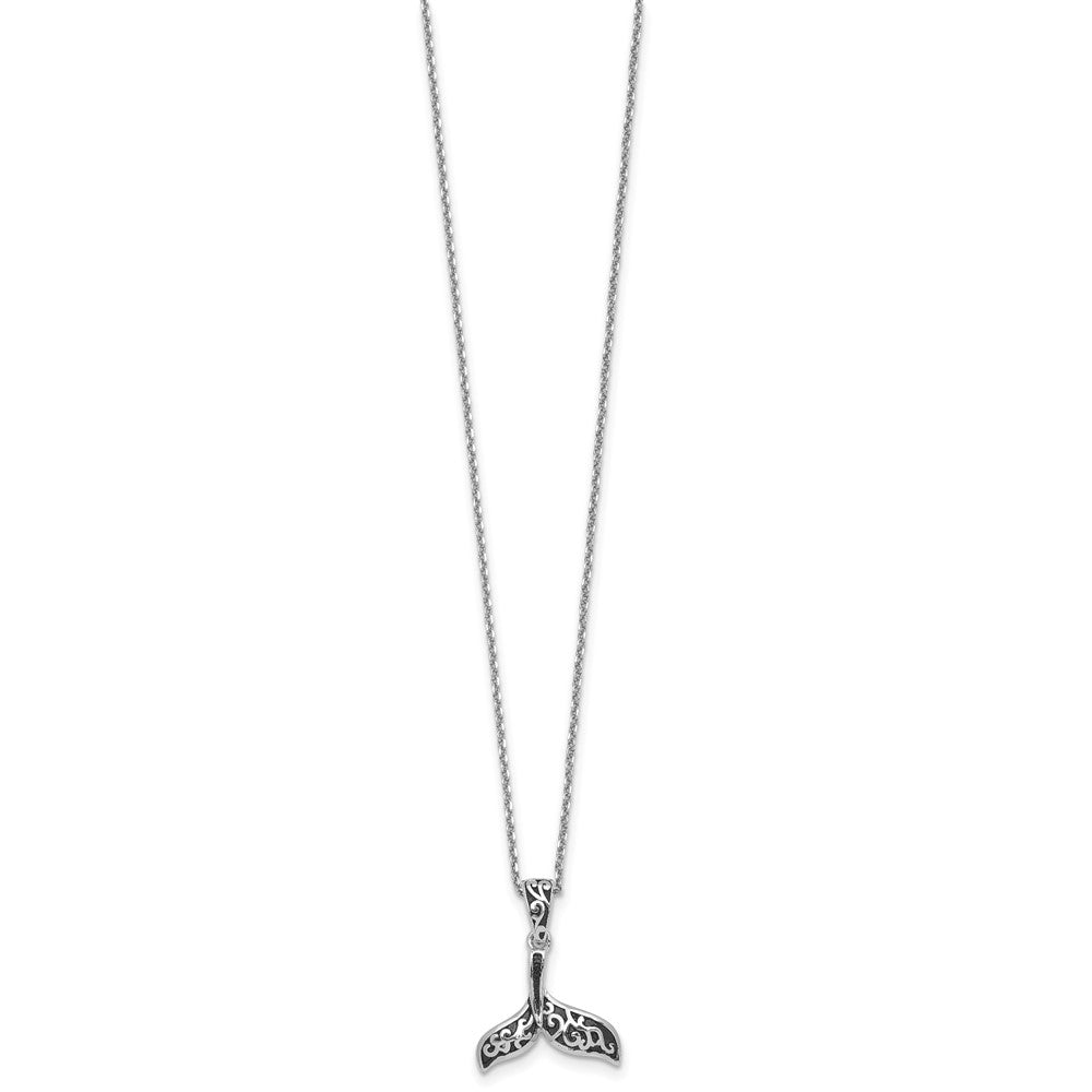 Sterling Silver RH-plt Polished Oxidized Filigree Whale Tail 18in Necklace