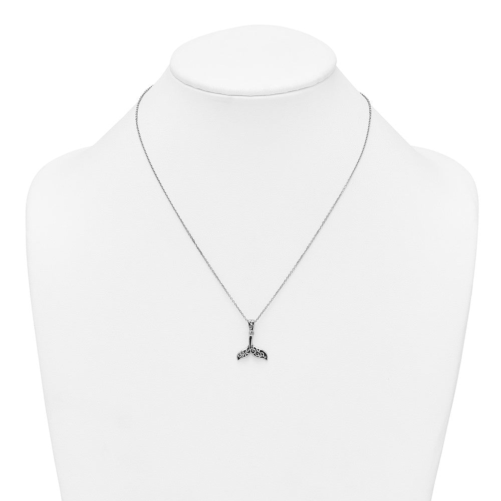 Sterling Silver RH-plt Polished Oxidized Filigree Whale Tail 18in Necklace