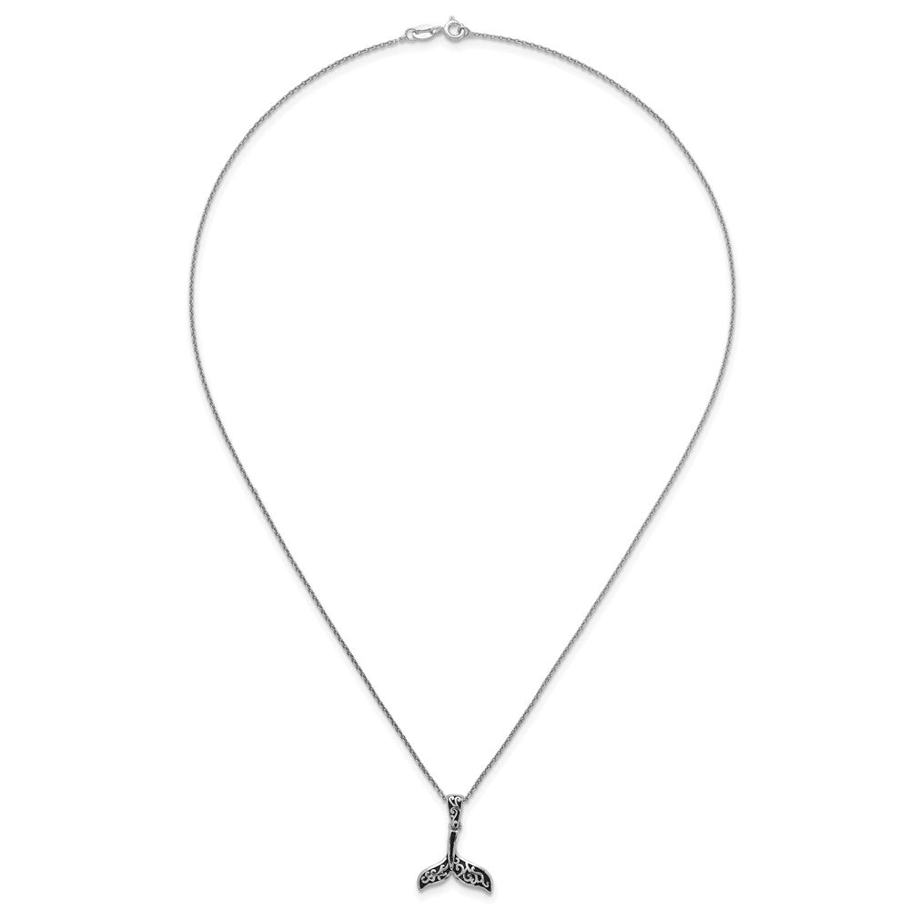 Sterling Silver RH-plt Polished Oxidized Filigree Whale Tail 18in Necklace