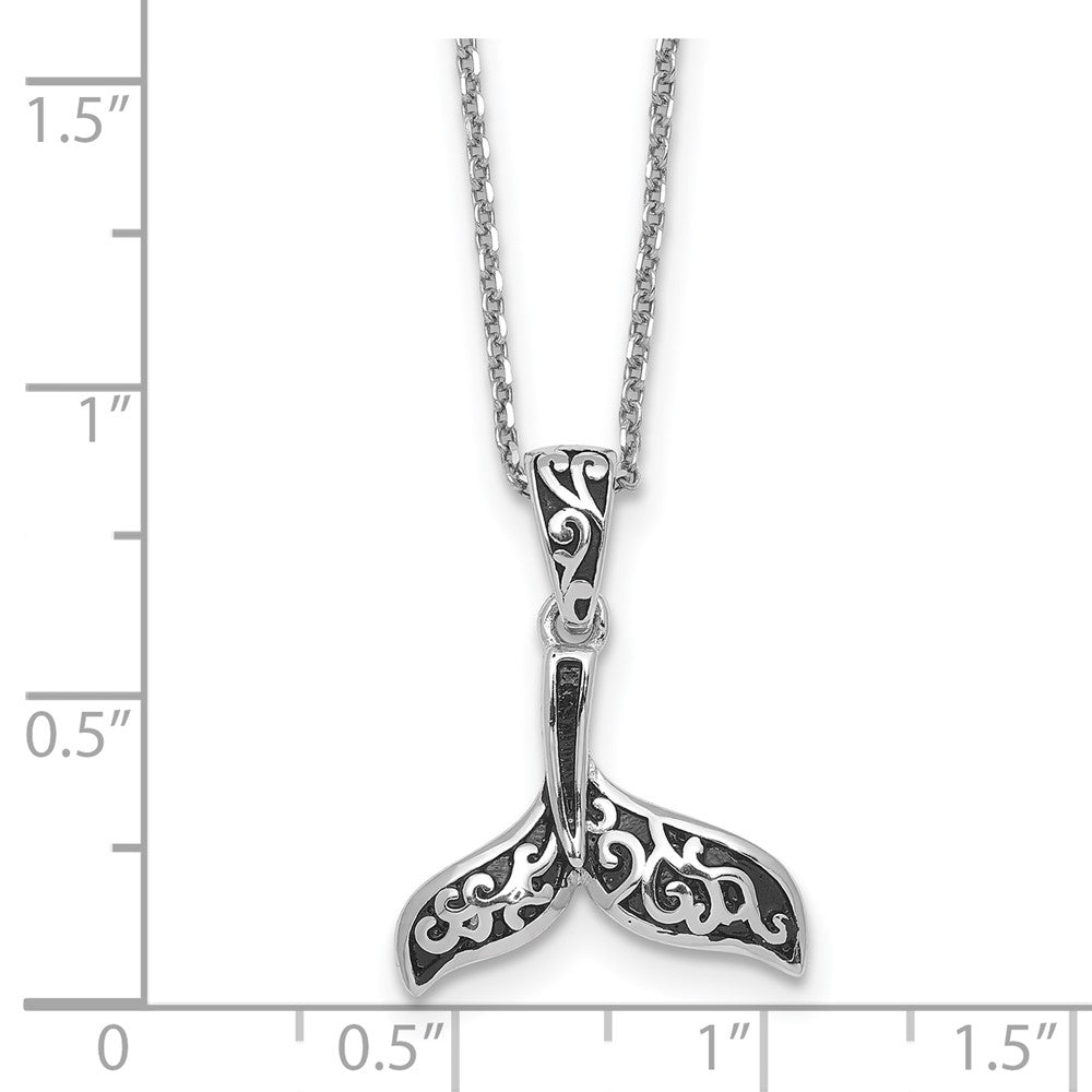 Sterling Silver RH-plt Polished Oxidized Filigree Whale Tail 18in Necklace