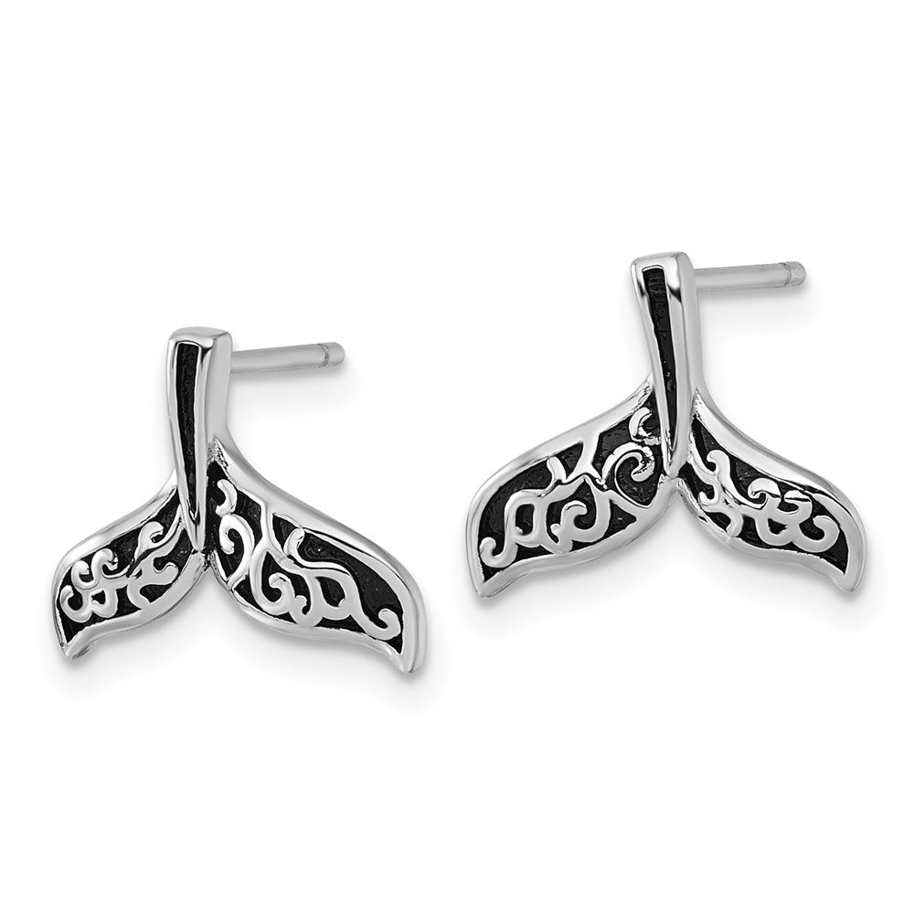 Sterling Silver RH-plated Oxidized Filigree Whale Tail Post Earrings
