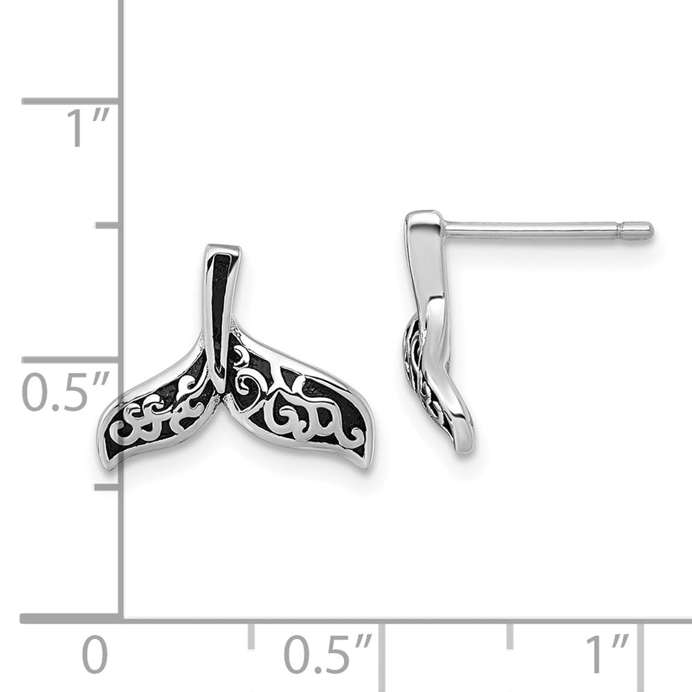 Sterling Silver RH-plated Oxidized Filigree Whale Tail Post Earrings