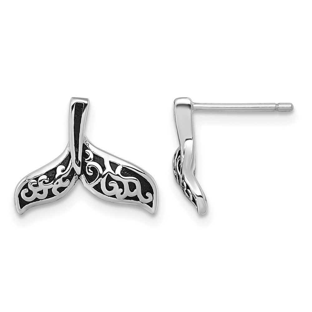 Sterling Silver RH-plated Oxidized Filigree Whale Tail Post Earrings