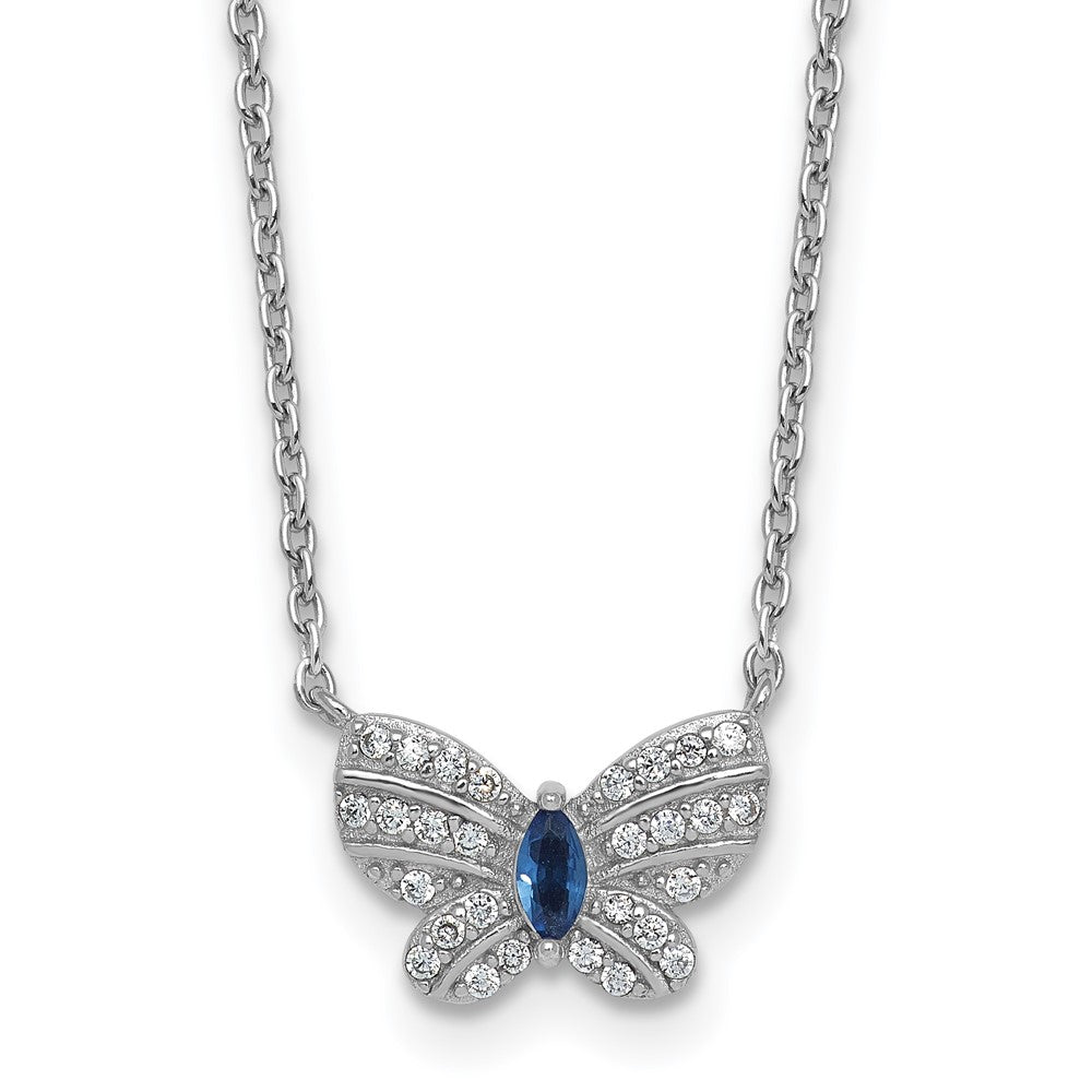 Sterling Silver RH-plated CZ and Glass Butterfly 16in w/ 2in Ext Necklace