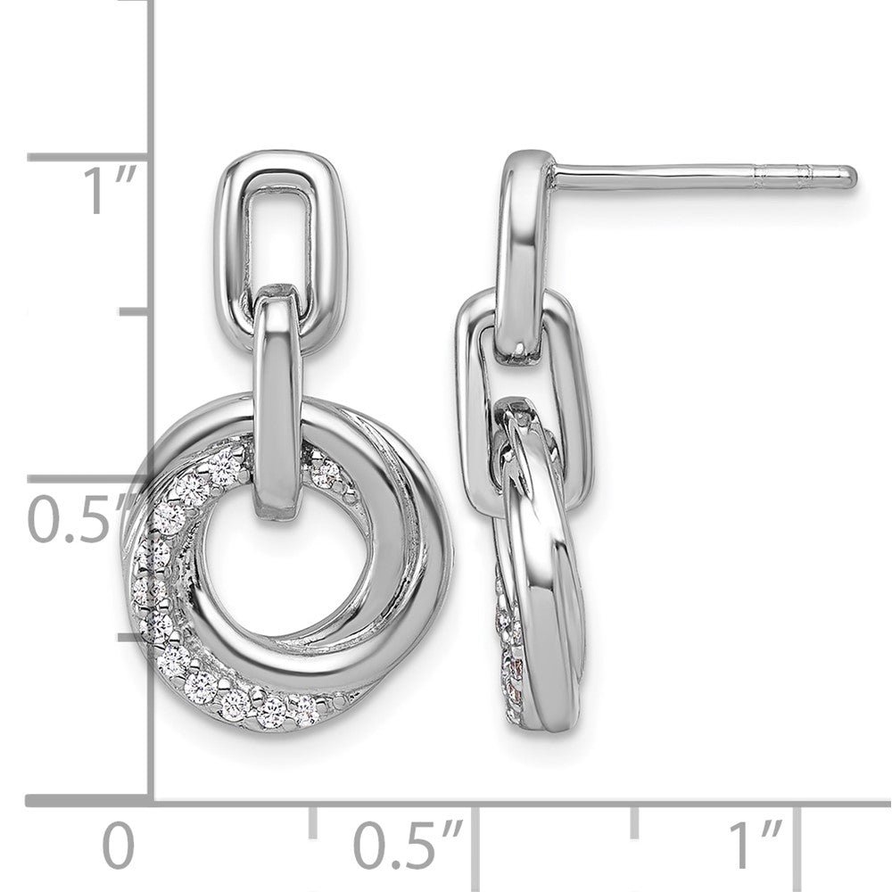 Sterling Silver Rhodium-plated CZ Circle Twist Dangle Post Earrings