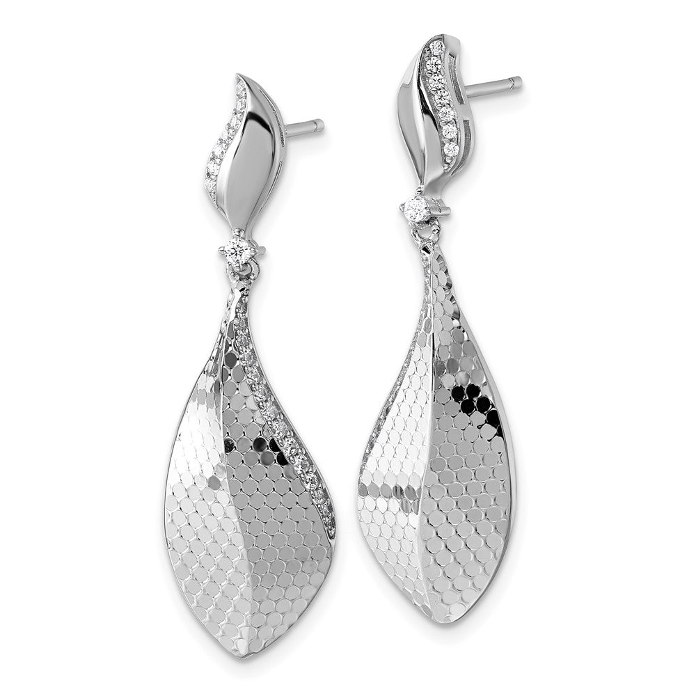 Sterling Silver Rhodium-plated CZ Textured Tear Drop Dangle Post Earrings