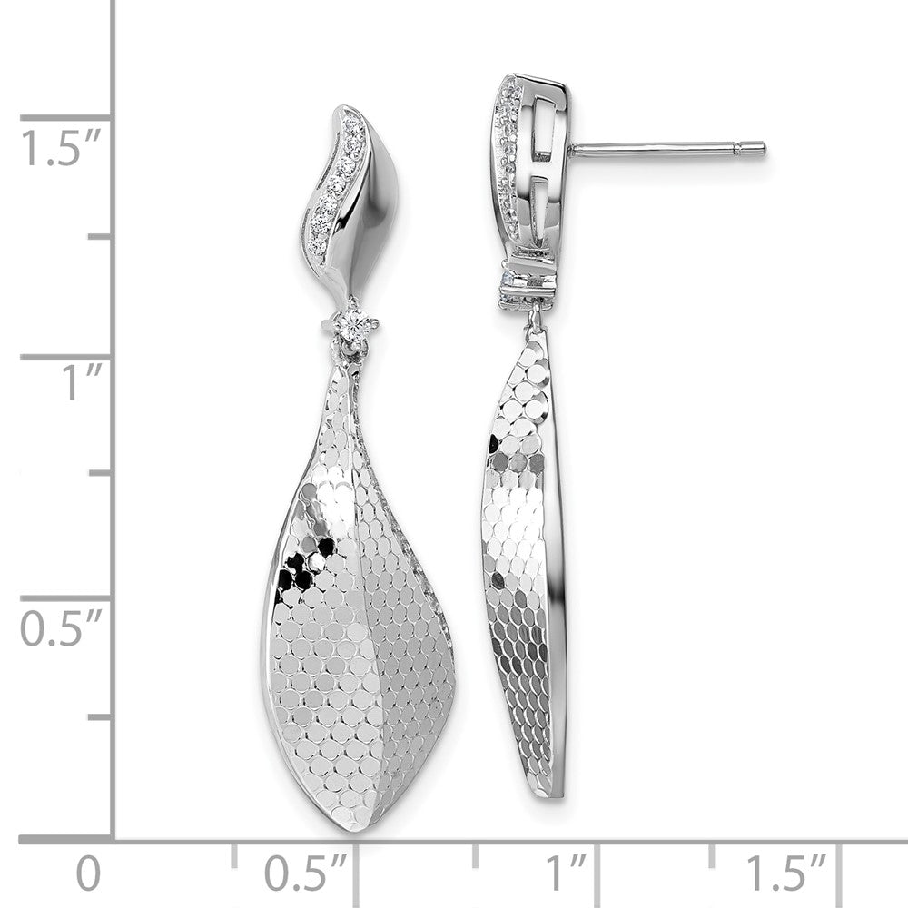 Sterling Silver Rhodium-plated CZ Textured Tear Drop Dangle Post Earrings