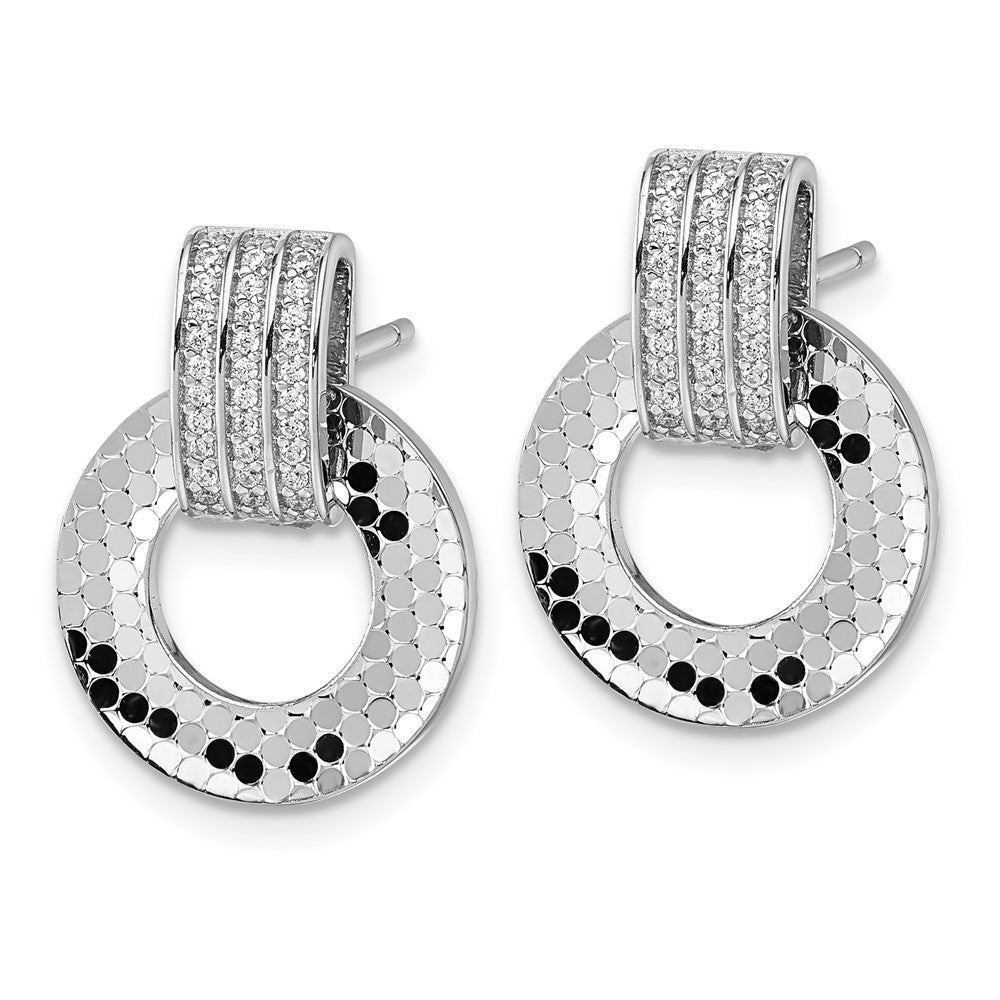 Sterling Silver RH Plated CZ Textured Moveable Circle Dangle Post Earrings