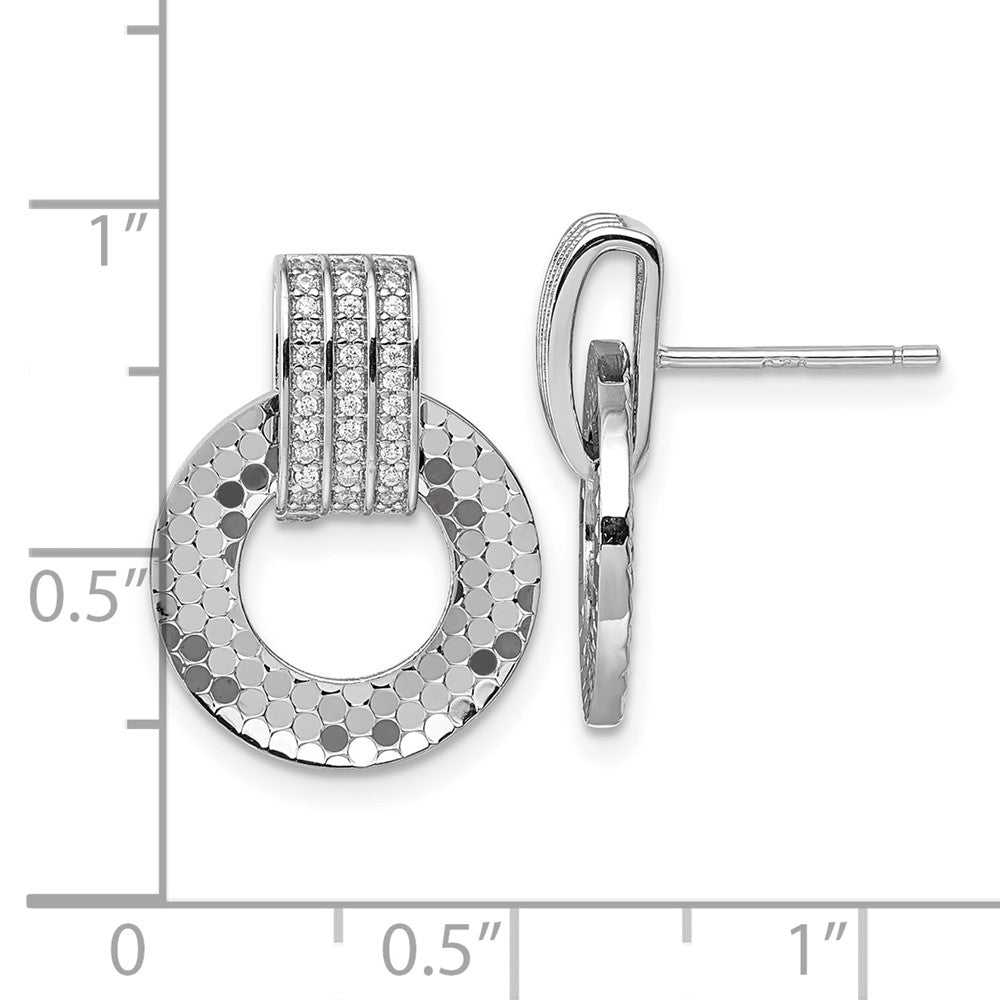 Sterling Silver RH Plated CZ Textured Moveable Circle Dangle Post Earrings