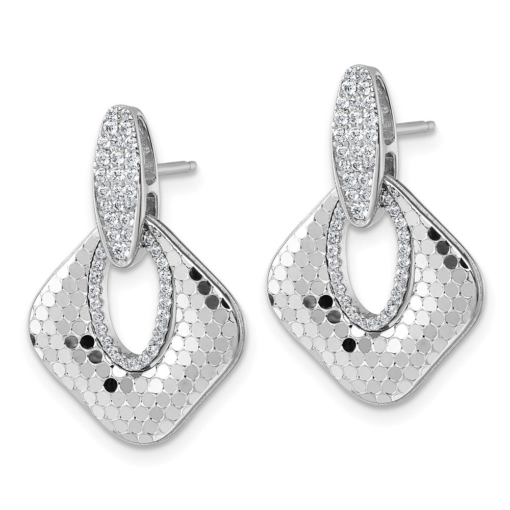 Sterling Silver Rhodium-plated CZ Textured Dangle Post Earrings