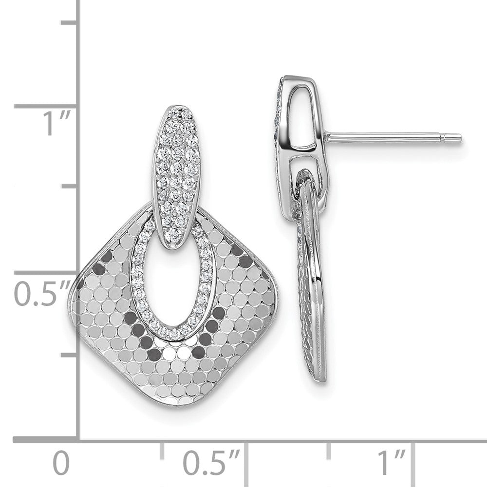 Sterling Silver Rhodium-plated CZ Textured Dangle Post Earrings