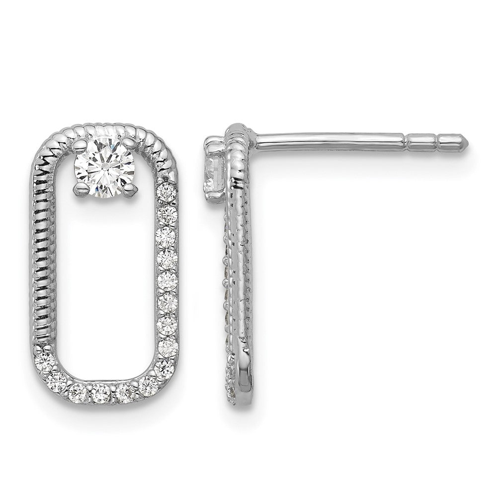 Sterling Silver Rhodium-plated CZ Textured Rectangle Post Earrings