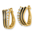 Sterling Silver Gold-tone Black Enamel CZ Hinged Hoop Earrings