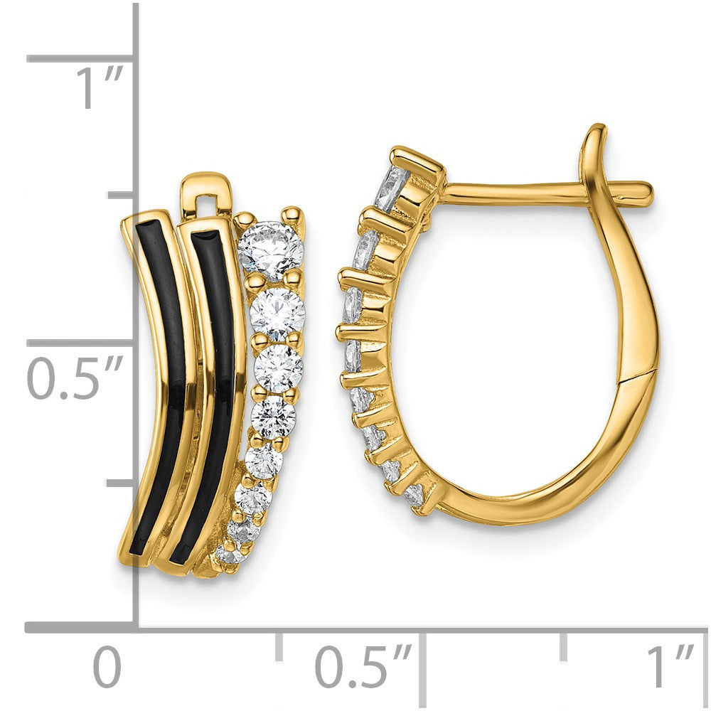 Sterling Silver Gold-tone Black Enamel CZ Hinged Hoop Earrings