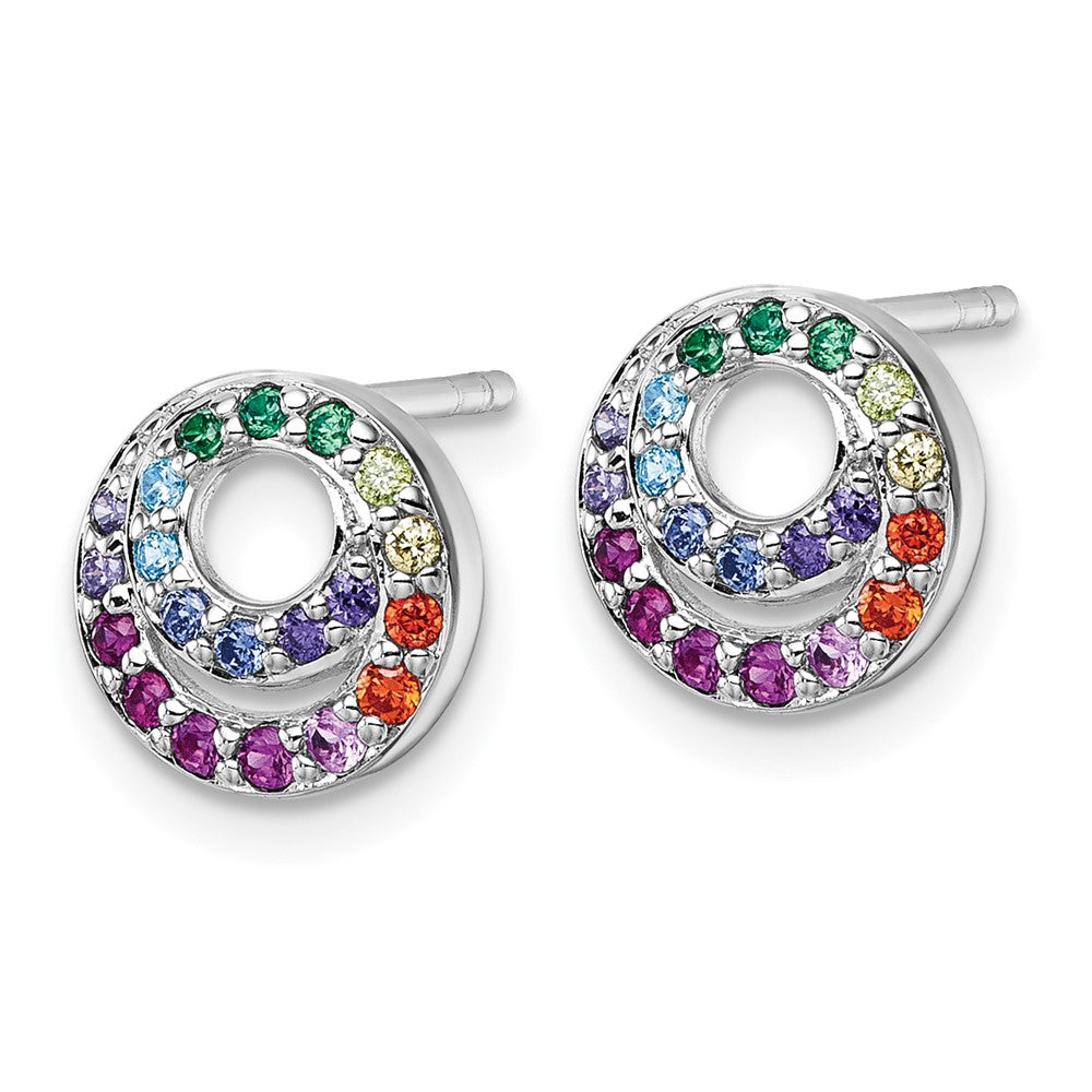 Sterling Silver Rh-plated Multi Color CZ Double Circle Post Earrings