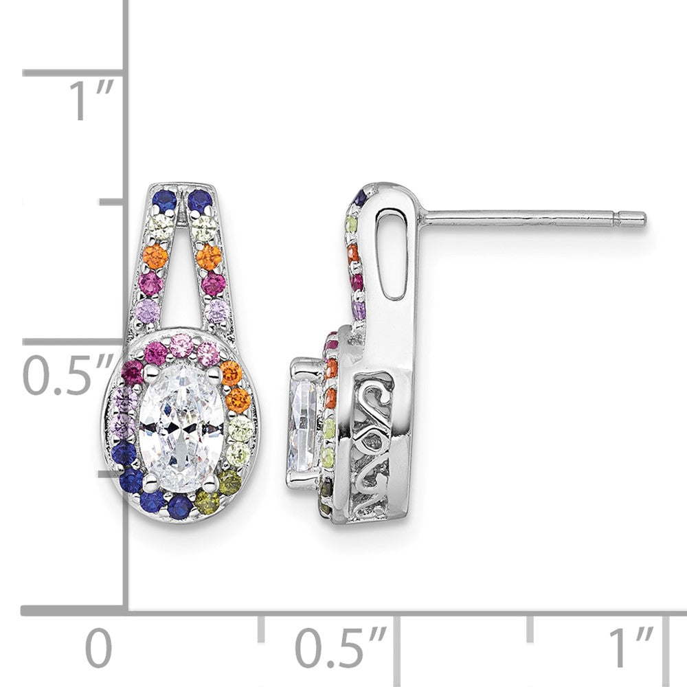 Sterling Silver Rhodium-plated Multicolor CZ Oval Halo Post Earrings