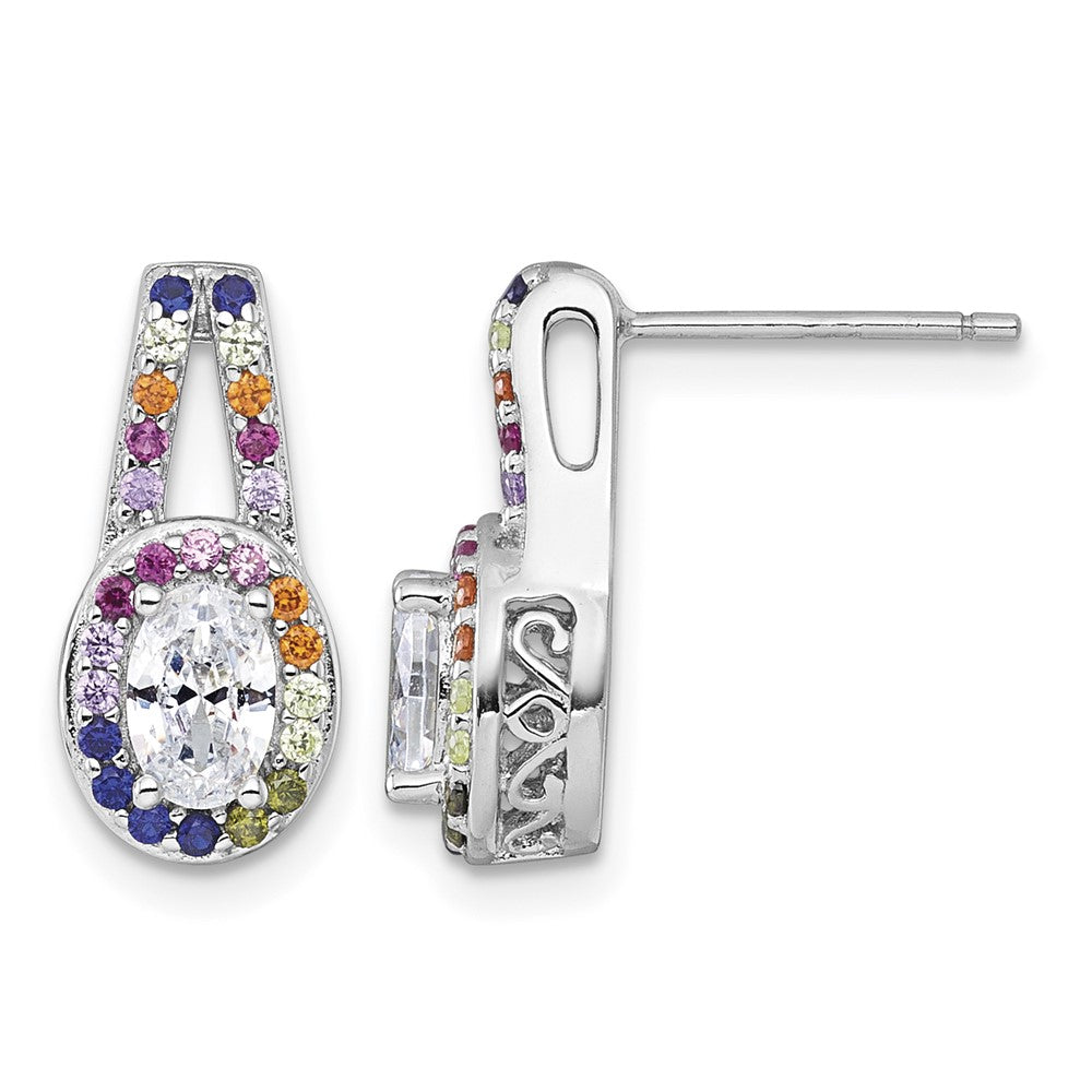 Sterling Silver Rhodium-plated Multicolor CZ Oval Halo Post Earrings