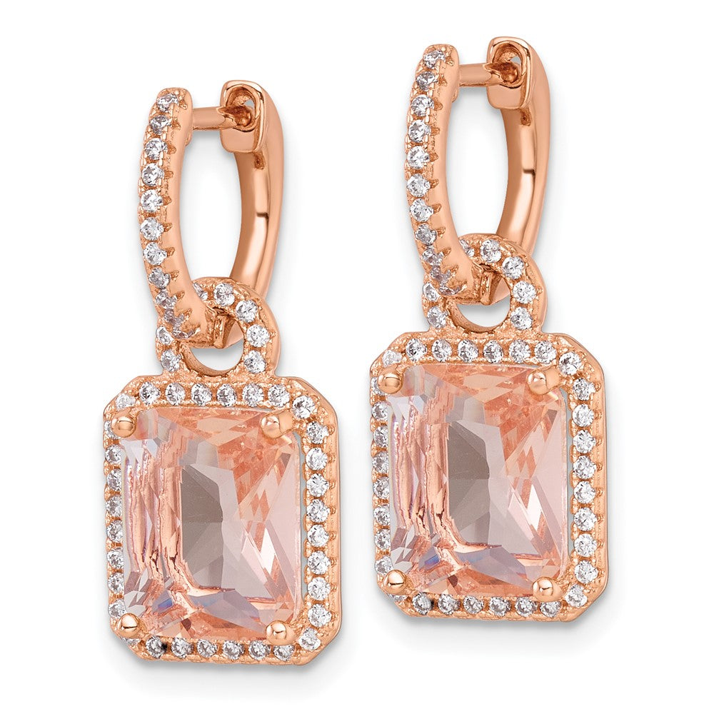Sterling Silver Rose-tone Glass and CZ Dangle Hinged Round Hoop Earrings